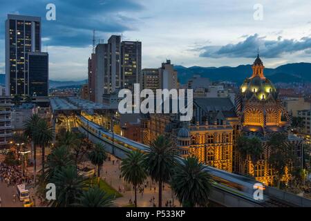 Medellin at night - Plaza Botero and the metro de Medellin Stock Photo