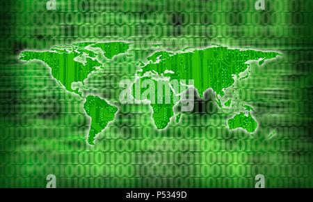 an image of flat world map on binary code background Stock Photo