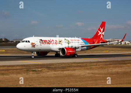 Air Malta Airbus A320neo commercial jet plane taxiing for departure from Malta. Advanced technology in modern civil aviation. Stock Photo
