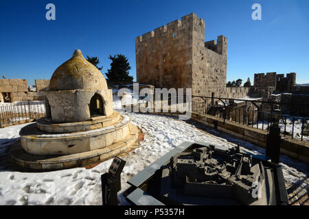 Tower of David fortress, Winter snow, Jerusalem, Israel Stock Photo