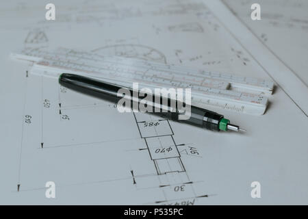 Technical pen (rapidograph) and technical drawing Stock Photo