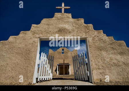 The open entrance gate of the San Lorenzo mission in Picurís Pueblo, NM. Stock Photo