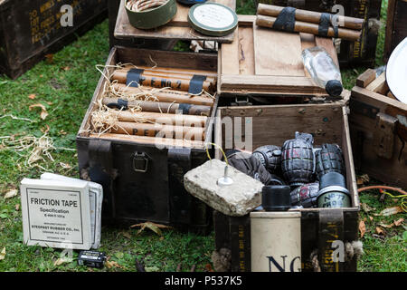 Boxes Containing 2nd World War, Fuses, Plastic Explosives and Hand Grenades, UK Stock Photo