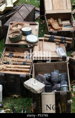 Boxes Containing 2nd World War, Fuses, Plastic Explosives, Gelignite, and Hand Grenades, UK Stock Photo