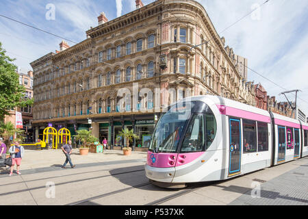 Birmingham bound West Midlands Metro crossing New St, Birmingham, the tramway connects Birmingham with Wolverhampton, West Midlands, England, UK Stock Photo