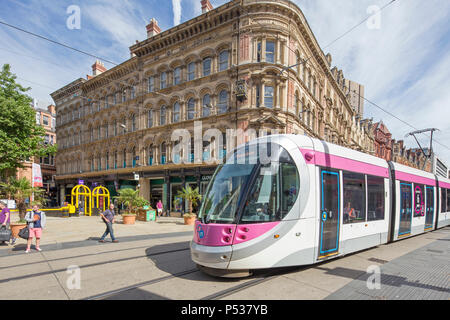 Birmingham bound West Midlands Metro crossing New St, Birmingham, the tramway connects Birmingham with Wolverhampton, West Midlands, England, UK Stock Photo