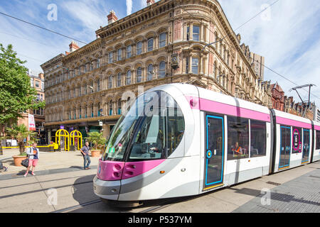 Birmingham bound West Midlands Metro crossing New St, Birmingham, the tramway connects Birmingham with Wolverhampton, West Midlands, England, UK Stock Photo