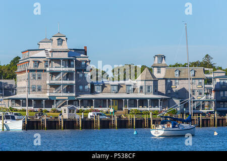 The Summercamp hotel (formerly the Wesley hotel) overlooks the harbor in Oak Bluffs, Massachusetts on Martha's Vineyard. Stock Photo