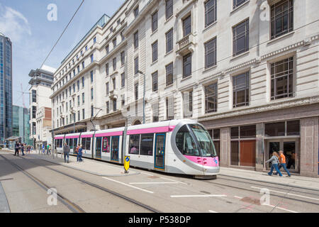 Birmingham bound West Midlands Metro at Bull St in Birmingham, the tramway connects Birmingham with Wolverhampton, West Midlands, England, UK Stock Photo