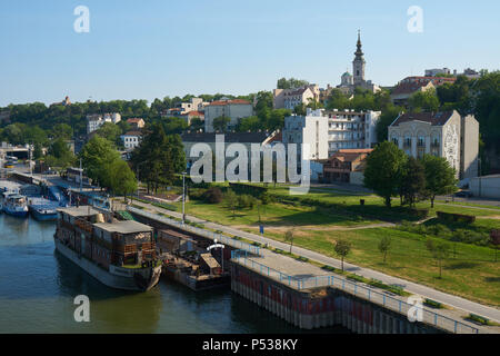 Belgrade, Serbia - May 03, 2018: Morning view on river dock and old city from Brankov bridge Stock Photo