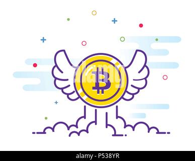Bitcoin with wings flat illustration. Bitcoin icon flying in the sky. Crypto currency bit coin. Cryptocurrency emblem. Web and Internet money logo. Vector illustration. Stock Vector