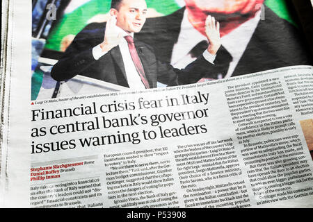 Guardian newspaper headline 'Financial crisis fear in Italy as central bank's governor issues warning to leaders' 2018 Stock Photo