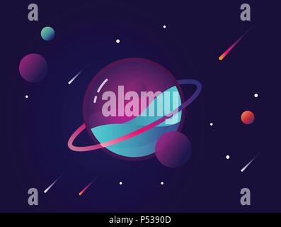 Vibrant colorful planet with stars and speeding comets. Outer space conceptual icon in modern flat material design style Stock Vector
