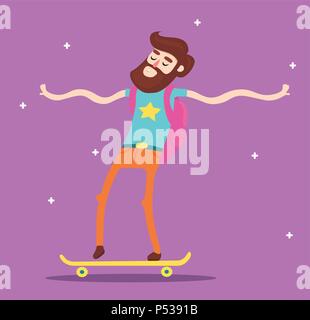 Vector hipster man character with beard riding longboard skateboard. Stock Vector