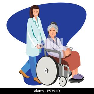 Female nurse helping caring for elderly woman. Vector flat illustration isolated on white. Stock Vector