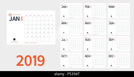 Vector of 2019 new year calendar in clean minimal table simple style and blue and orange color,Holiday event planner,Week Starts Sunday.include holida Stock Vector