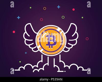 Bitcoin with wings flat illustration. Bitcoin icon flying in the sky. Crypto currency bit coin. Cryptocurrency emblem. Web Vector illustration. EPS 10 Stock Vector