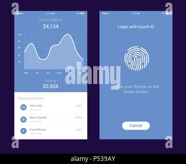 ID Application with icon of fingerprint and graph interface. Fingerprint vector icon. Log on fingerprint, protection, personal data, login to the account. Mjney balance screen Stock Vector