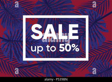 Summer sale banner with exotic jungle plant, tropical exotic palm leaves on purple background. Discount design background with jungle palm Leaves. Nature wallpaper. Stock Vector