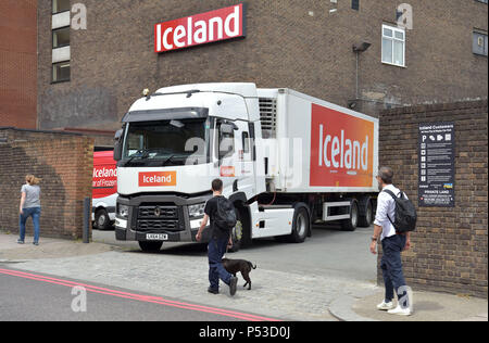 A delivery truck in the loading bay of the frozen food supermarket Iceland in Islington, North London. Stock Photo