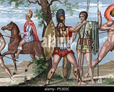 Two Greek soldiers. Heavy infantry, with helmet, shield and armor and ...