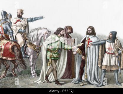 Military Orders. 12th century. From left to right:  Knights Templar, Alcantara, Calatrava and Order of Santiago. 19th Century Engraving. Colored. Stock Photo