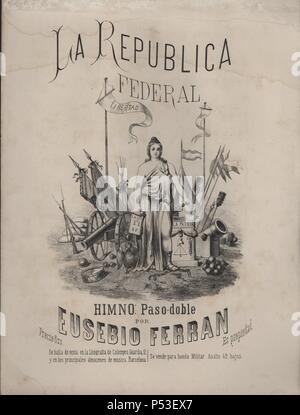 Partitura musical del himno LA REPUBLICA FEDERAL por Eusebio Ferran. Publicada en Barcelona el año 1869. Stock Photo