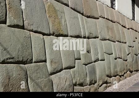 Peru. Cusco city. Hatun Rumiyoc street. Inca wall. Stock Photo