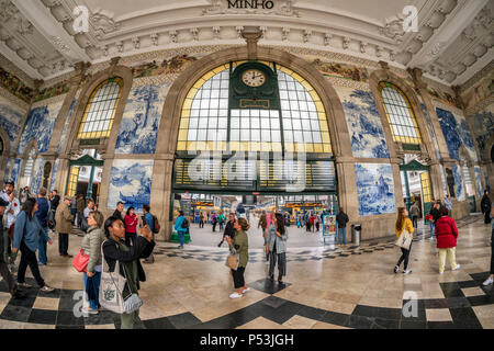 central hall with Azulejos, tile panels, train station Sao Bento,  Porto, Region Norte, Portugal, Porto, Stock Photo