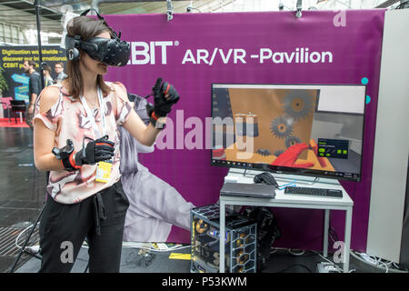 CEBIT 2018, the world's largest IT trade fair, Hannover, Virtual Reality, application in one game, simulation in a workshop, Germany Stock Photo