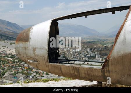 Albania. Gjirokaster viewed through the cockpit of the American Air Force plane that landed in 1957 during the Cold War. From the Castle of Gjirokastra. Stock Photo