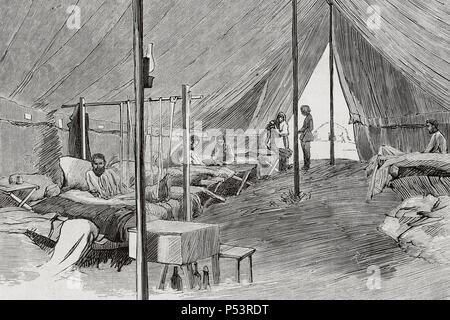 Russo-Turkish War (1877-1878). Zimnitza. Military hospital for sick and wounded Russians. Interior. Engraving by Rico in the Spanish and American Illustration, 1877. Stock Photo