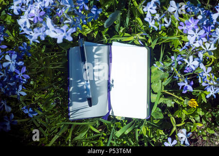 A notebook lying open in the grass next to violet phloxes Stock Photo