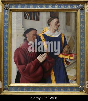 Renaissance Art. France. Jean Fouquet (1420-1481). French painter. Melun Diptych, oil painting about 1452 by order of Etienne Chevalier. Left wing depicting Etienne Chevalier with his patron St. Stephen. Gemaldegalerie. Berlin. Germany. Stock Photo