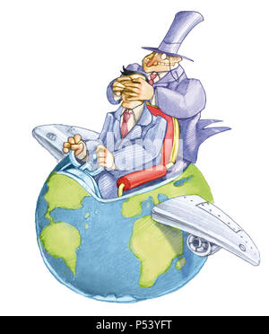 banker closes the eyes of a political that drives the world that seems an airplane political funny cartoon Stock Photo