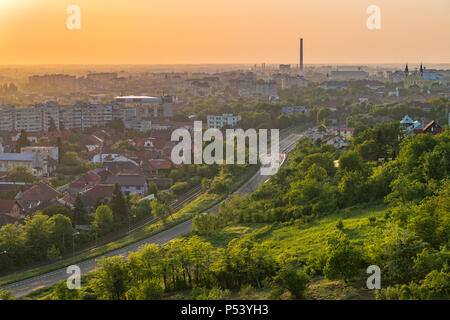 Oradea city viewed from above at sunset, Romania. Stock Photo