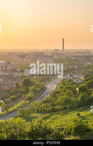 Oradea city viewed from above at sunset, Romania. Stock Photo