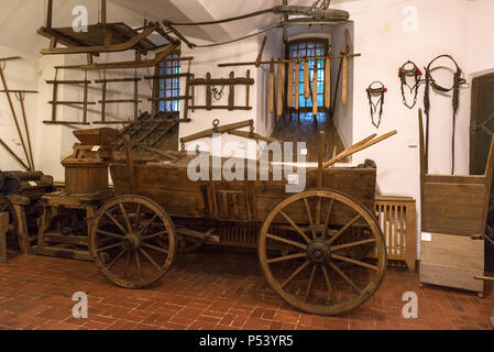 BYTOW, POLAND - June 1, 2018: Old cart with a potato box in the ethnographic museum of the Castle in Bytow. Stock Photo