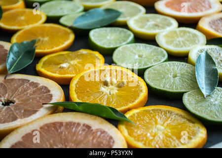 Sliced rounds of various citrus fruit arranged in a pattern. Closeup shote of orange, lime, lemon, and red grapefruit. Healthy and full of nutrition Stock Photo