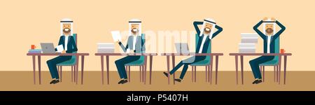 arab businessmaman sitting at office desk in different poses, hard working business man process concept, banner, flat Stock Vector