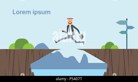 arab businessman jumping over obstacles over chasm go to the opposite goal concept. business success. challenge, risk, and overcome problem or obstacles.