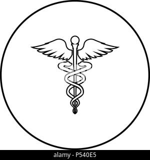 Caduceus health symbol Asclepius's Wand icon black color in circle round outline Stock Vector