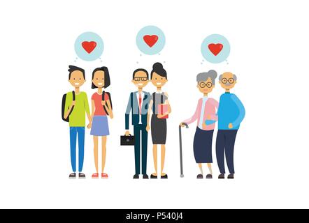 grandmother and grandfather, parent and teens couple in love, multi generation family, full length avatar on white background, successful family concept, tree of genus flat cartoon design Stock Vector