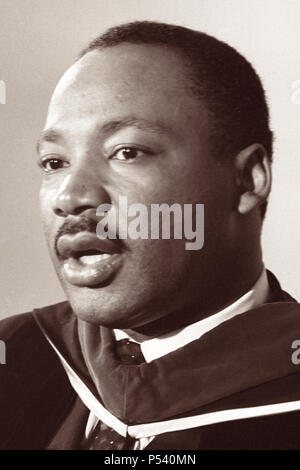 Dr. Martin Luther King, Jr. speaking at a press conference at Howard University in Washington, D.C. on March 2, 1965. Stock Photo