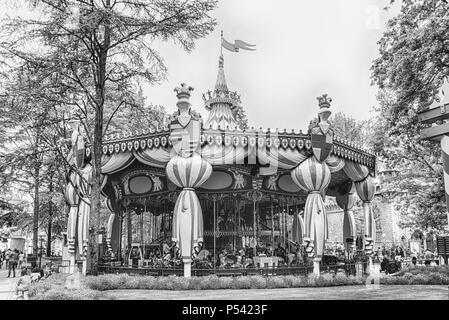 CASTELNUOVO DEL GARDA, ITALY - MAY 1: Old fashioned vintage carousel at Gardaland Amusement Park, near Lake Garda, Italy, May 1, 2018. The park attrac Stock Photo