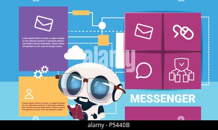 robot with tablet messenger application presentation interface artificial intelligence concept flat copy space Stock Vector