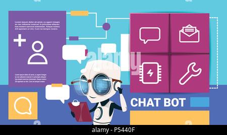 robot with tablet messenger chat bot application presentation interface artificial intelligence concept flat copy space Stock Vector