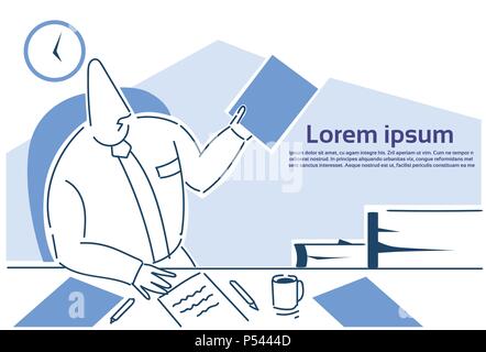 businessman hand hold paper sitting at office desk working communication concept, business man sketch white background copy space Stock Vector