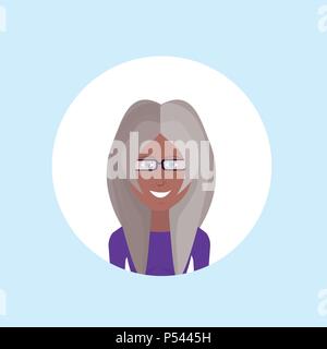 african american elderly woman face happy lady portrait on blue background, female avatar flat Stock Vector