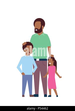 african father beard son and daughter full length avatar on white background, successful family concept, flat cartoon Stock Vector